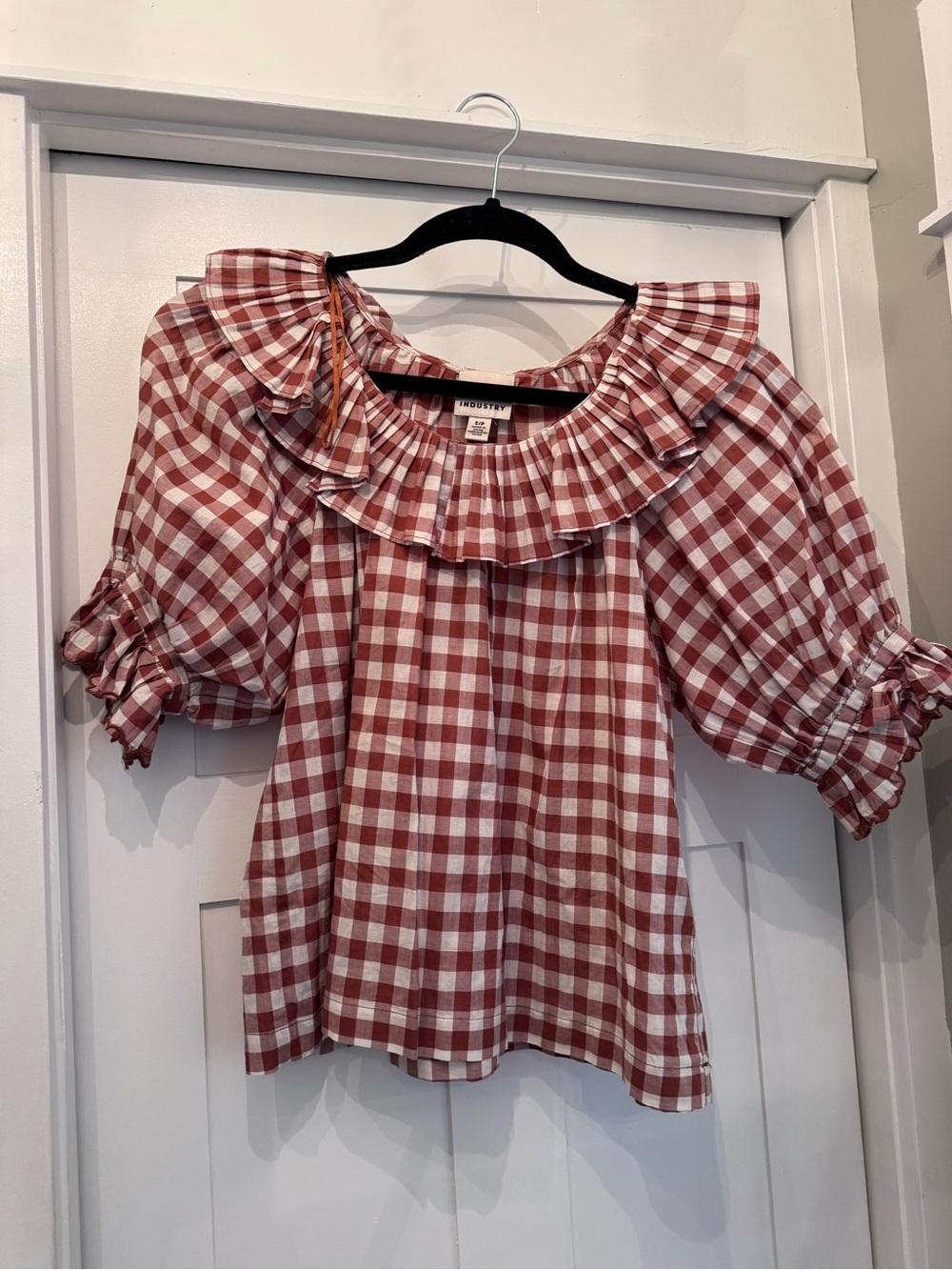 Madewell inspired brown & White Gingham Ruffle Peasant Top